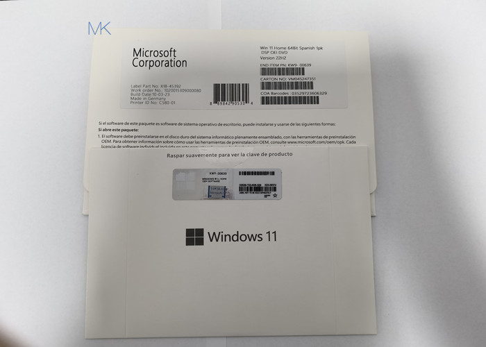 Bahasa Spanyol Microsoft Windows 11 Home OEM DVD Physical Box DirectX 9 atau lebih baru dengan driver WDDM 1.0
